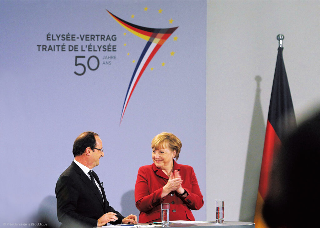 Logo celebrating the 50th anniversary of the Élysée Treaty, commissioned by the departments of foreign affairs of France and Germany.